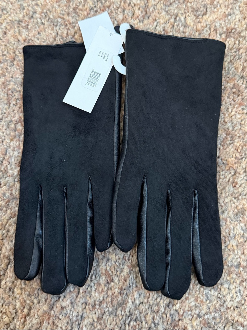 NWT - Anne Klein - Womans Classic Black Suede Gloves with Faux Leather Palms
